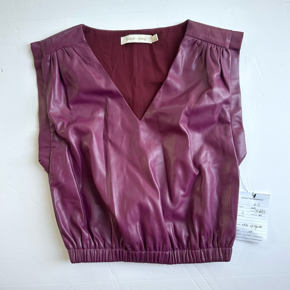Bishop + Young Burgundy Simone Vegan Leather Sleeveless Crop Blouse Size S NWT